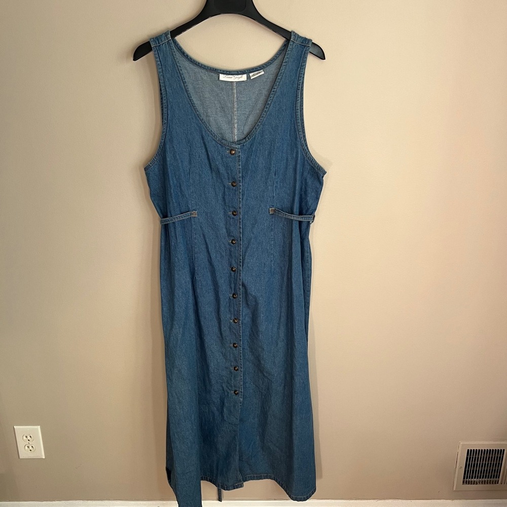Vintage Blue Denim Button Midi Dress Sleeveless Tie Back L Cottage Cabin Modest